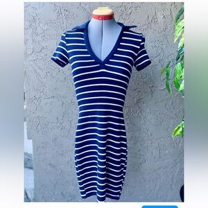 H&M Navy and White Striped Tight Collared Mini Dress